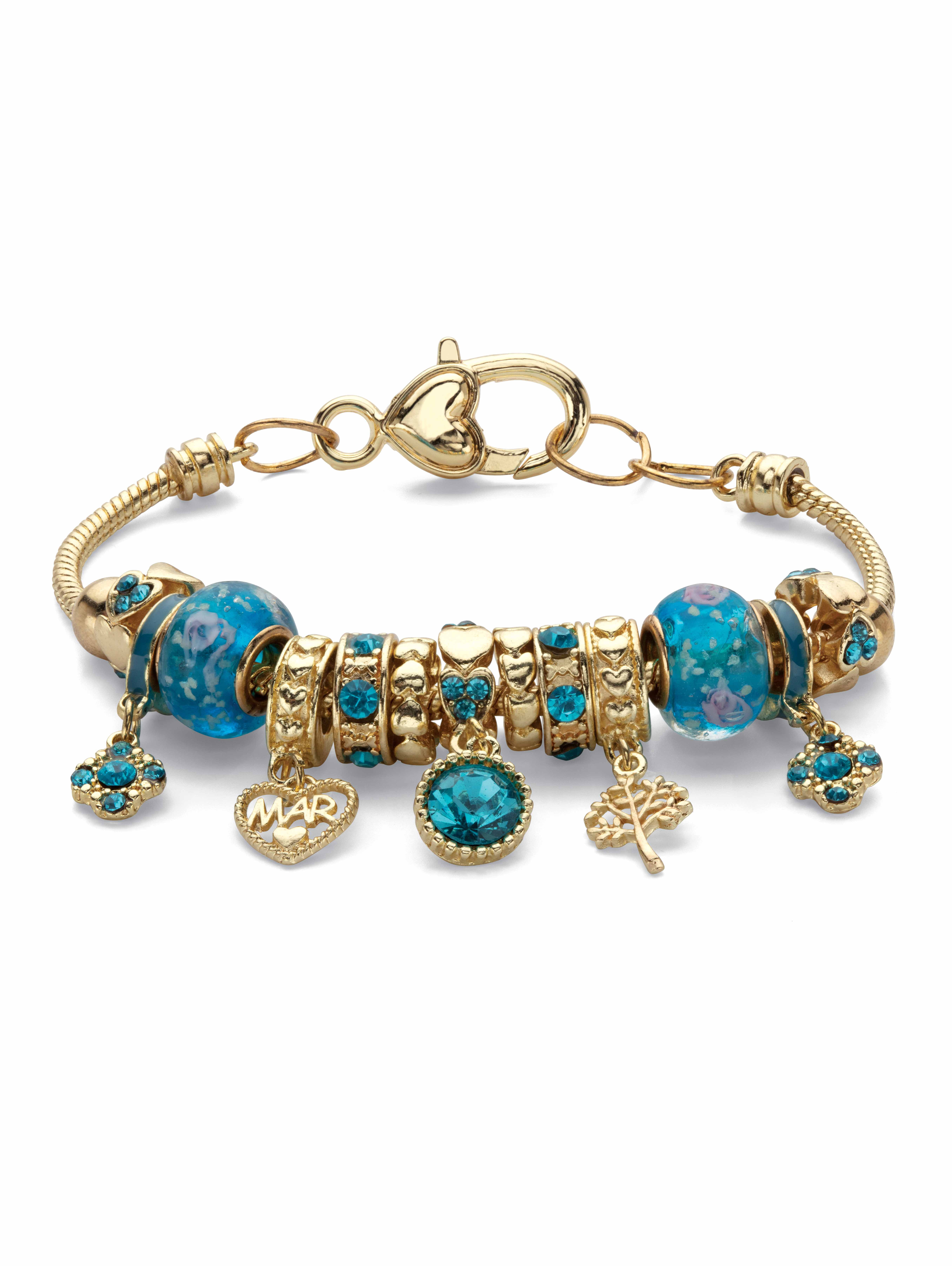PalmBeach Jewelry Simulated Birthstone Crystal Charm Bracelet in Goldtone or Silvertone 8"