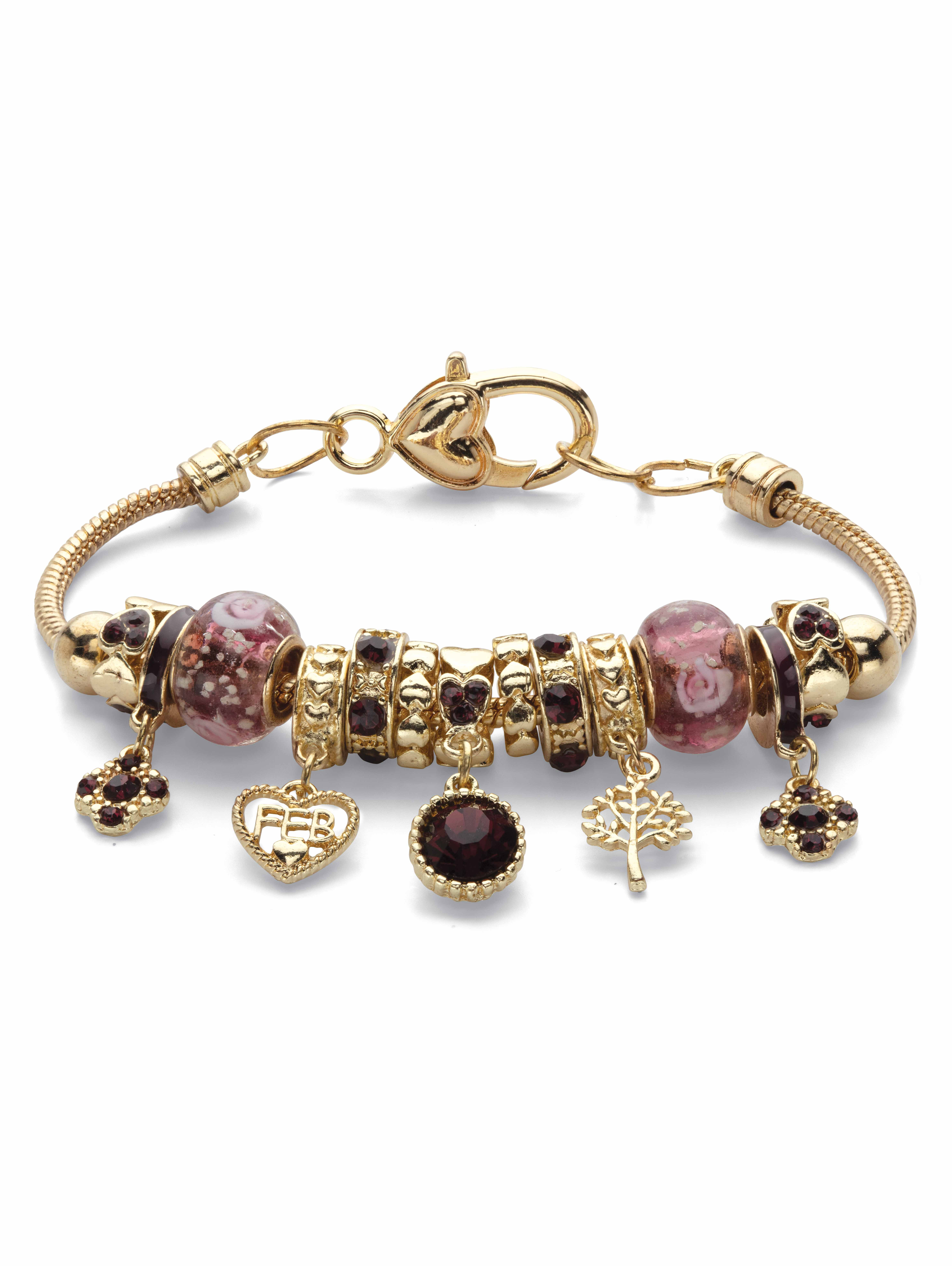 PalmBeach Jewelry Simulated Birthstone Crystal Charm Bracelet in Goldtone or Silvertone 8"