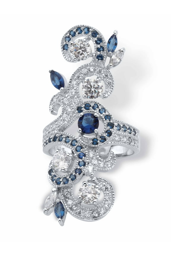Simulated Blue Sapphire and Cubic Zirconia Elongated Vine Ring 3.81 TCW in Sterling Silver
