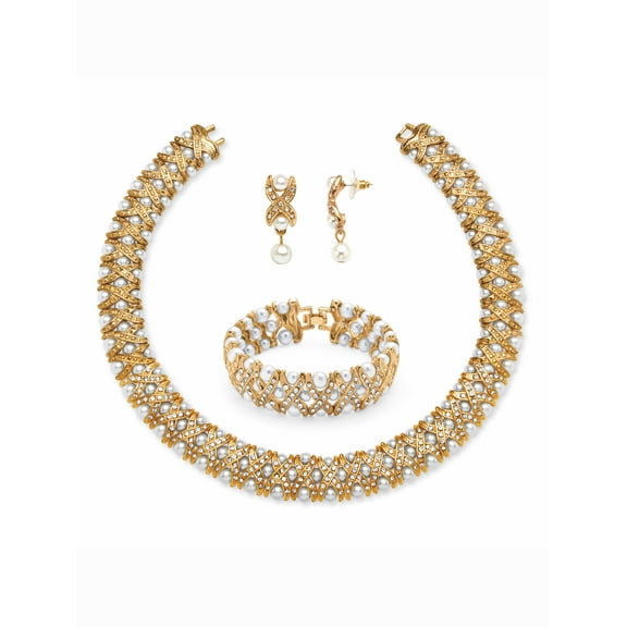 PalmBeach Jewelry Simulated Pearl and Crystal 3-Piece "X" Necklace, Earrings and Bracelet Set in Yellow Goldtone or Silvertone 18"