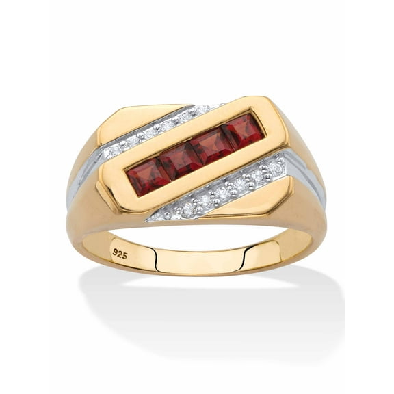 PalmBeach Jewelry Square-Cut Genuine Red Garnet and Diamond Diagonal Men's Ring .96 TCW in 18k Yellow Gold-plated Sterling Silver