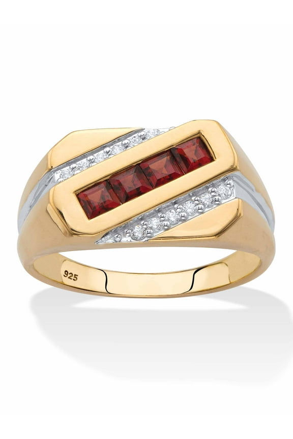 Square-Cut Genuine Red Garnet and Diamond Diagonal Men's Ring .96 TCW in 18k Yellow Gold-plated Sterling Silver