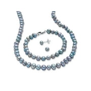 PalmBeach Jewelry Sterling Silver Round Genuine Cultured Freshwater Pearl Stud Earring, Necklace and Bracelet Set, 18 inches