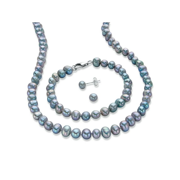 PalmBeach Jewelry Sterling Silver Round Genuine Cultured Freshwater Pearl Stud Earring, Necklace and Bracelet Set, 18 inches