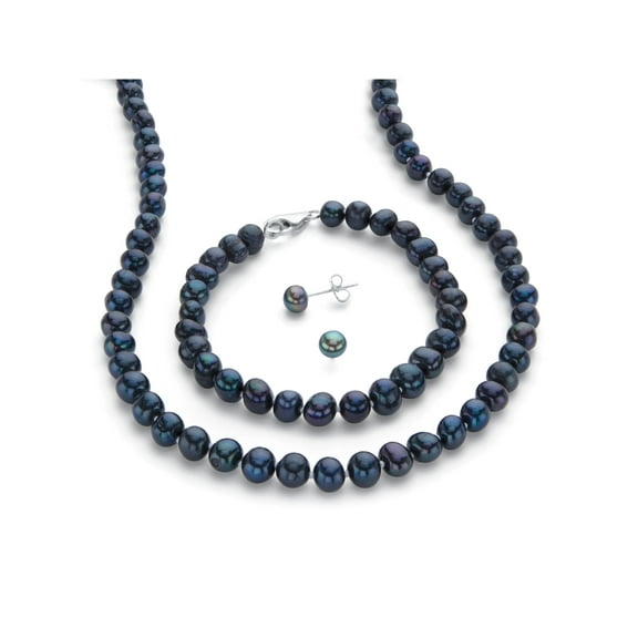 PalmBeach Jewelry Sterling Silver Round Genuine Cultured Freshwater Pearl Stud Earring, Necklace and Bracelet Set, 18 inches