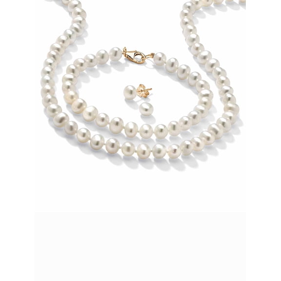 PalmBeach Jewelry Sterling Silver Round Genuine Cultured Freshwater Pearl Stud Earring, Necklace and Bracelet Set, 18 inches