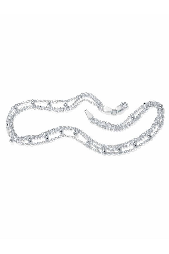 Sterling Silver Triple-Strand Beaded Ankle Bracelet 10"
