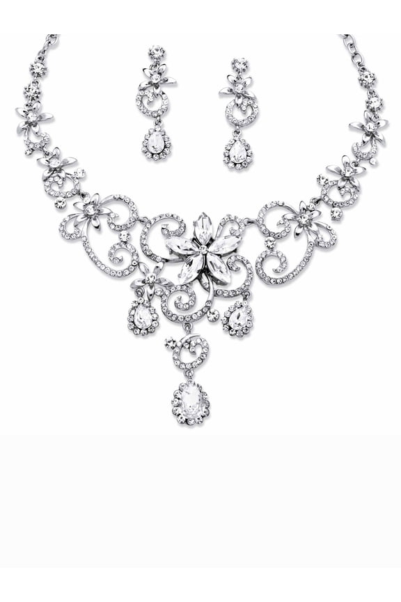 Swirl and Flower Crystal Necklace and Earrings Two-Piece Set in Platinum-Plated