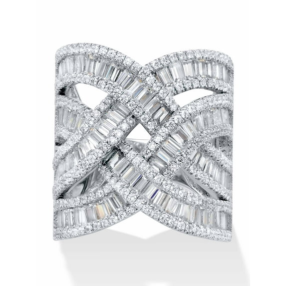 PalmBeach Jewelry Tapered Baguette Cubic Zirconia Channel-Set Crossover Highway Ring 5.95 TCW in Platinum-plated Sterling Silver