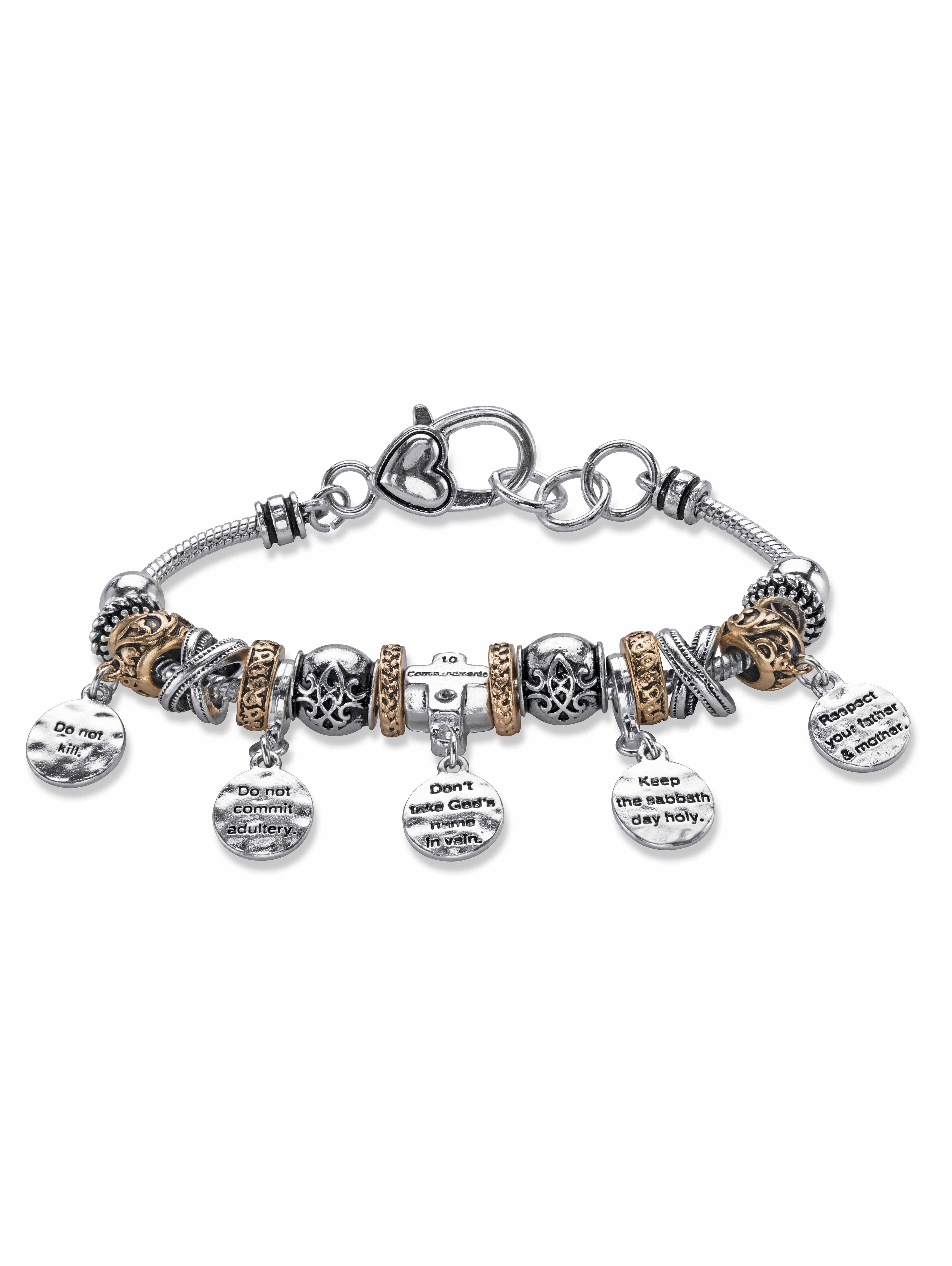PalmBeach Jewelry Ten Commandments Bali-Style Beaded Charm Bracelet in Two-Tone Goldtone and Silvertone 8"