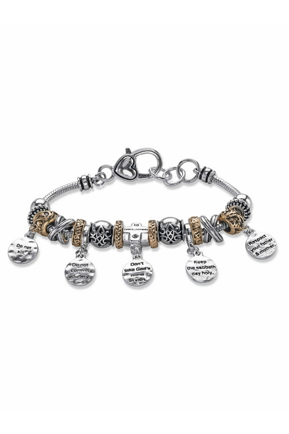 Ten Commandments Bali-Style Beaded Charm Bracelet in Two-Tone Goldtone and Silvertone 8"
