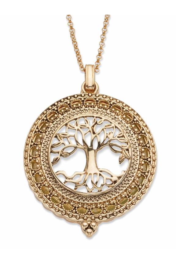 Tree of Life Magnifying Glass Locket Medallion Pendant Necklace in Antiqued Goldtone 24"