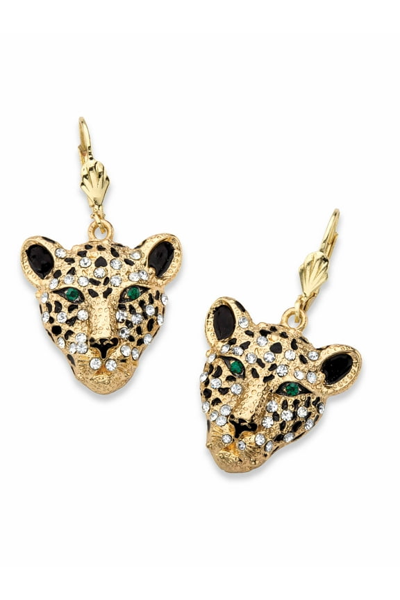 White Crystal Leopard Face Drop Earrings with Green Crystal Accents in Goldtone