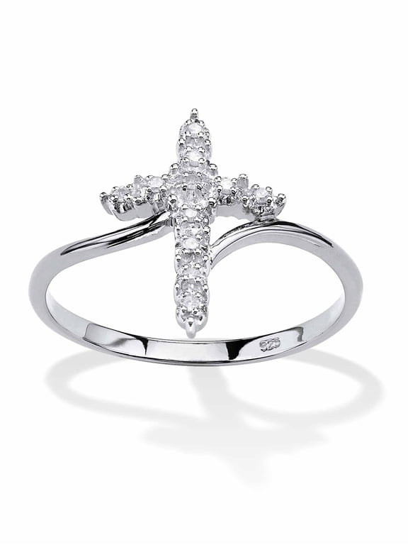 White Diamond Accent Cross Ring in 18k Gold-Plated or Platinum-Plated Sterling Silver