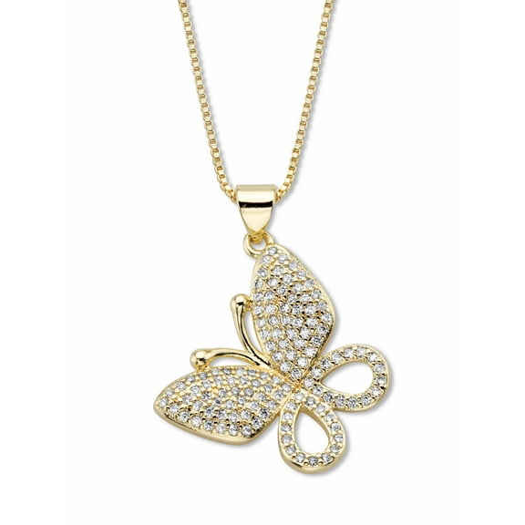 White Round Crystal Pave Butterfly Pendant Necklace 16"-18" Chain  Goldtone