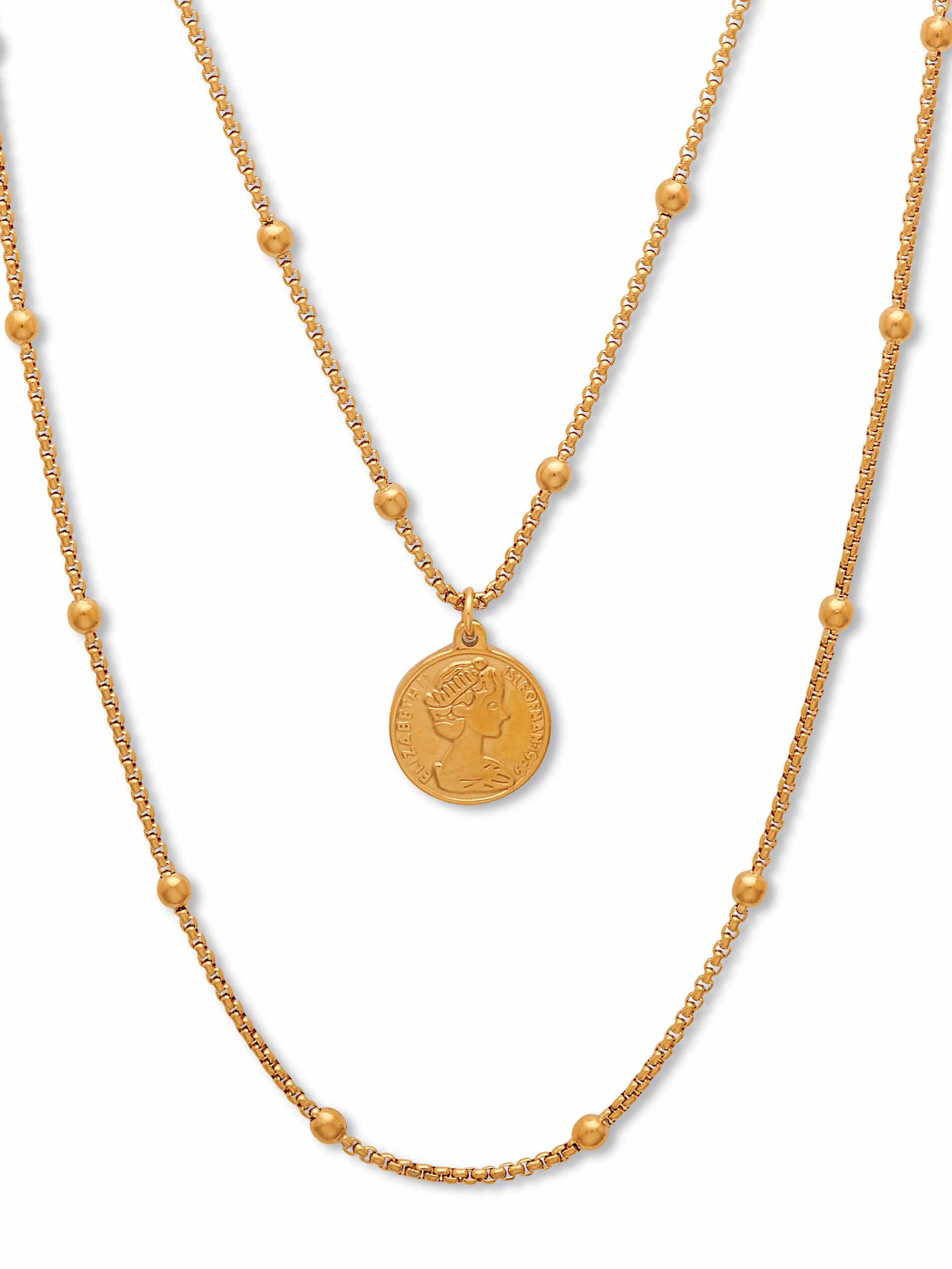 PalmBeach Jewelry Yellow Gold Ion-Plated Stainless Steel Double Strand Queen Elizabeth Isle of Man Coin Style Pendant Necklace 18-24 Inch