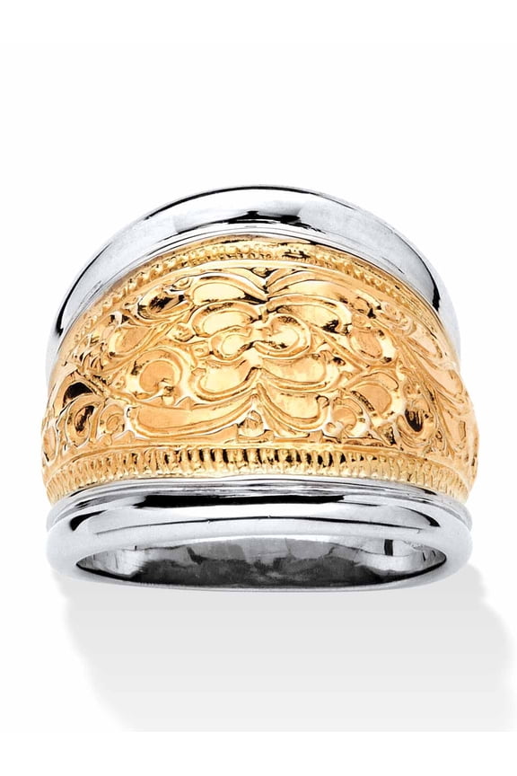 Yellow Gold-Plated Sterling Silver Two-Tone Scroll Motif Cigar Band Ring