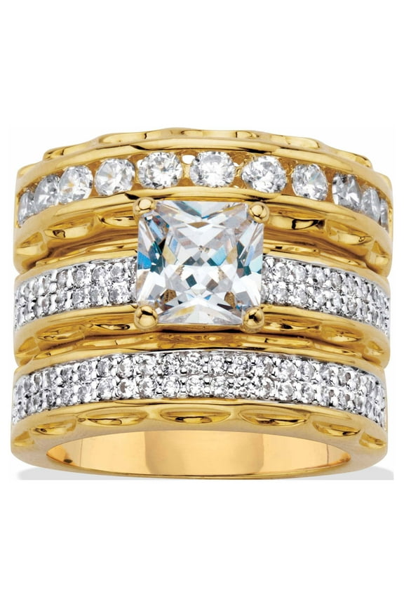 Yellow Gold-Plated or Silvertone Princess Cut Cubic Zirconia 2 Piece Bridal Ring Set with Anniversary Band