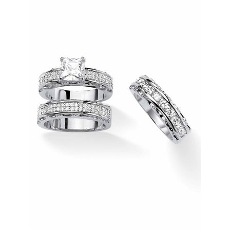 PalmBeach Jewelry Yellow Gold-Plated or Silvertone Princess Cut Cubic Zirconia 2 Piece Bridal Ring Set with Anniversary Band