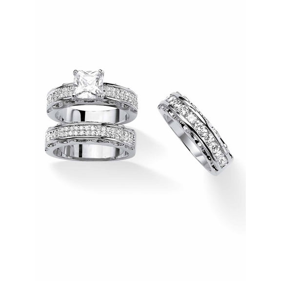 PalmBeach Jewelry Yellow Gold-Plated or Silvertone Princess Cut Cubic Zirconia 2 Piece Bridal Ring Set with Anniversary Band