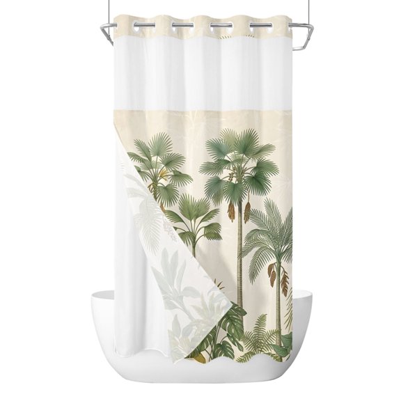 PalmTrees No Hook Shower Curtain with Snap in Liner, Coastal Tropical Forest Linen Texture Waterproof Shower Curtains with See Through Top Window Liner for Bathroom, 36x72 Inches