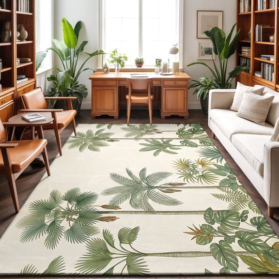 PalmTrees Washable Area Rug 9 x 12 ft Coastal Tropical Forest Linen Texture, Soft Non Slip Rugs Stain Repellent Indoor Felt Carpet for Living Dining Room Bedroom Home Office