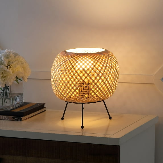 JONATHAN Y Palma 10.75" Bohemian Rustic Iron/Rattan LED Mini Table Lamp with Smart Bulb, Black/Brown, JYL4042A