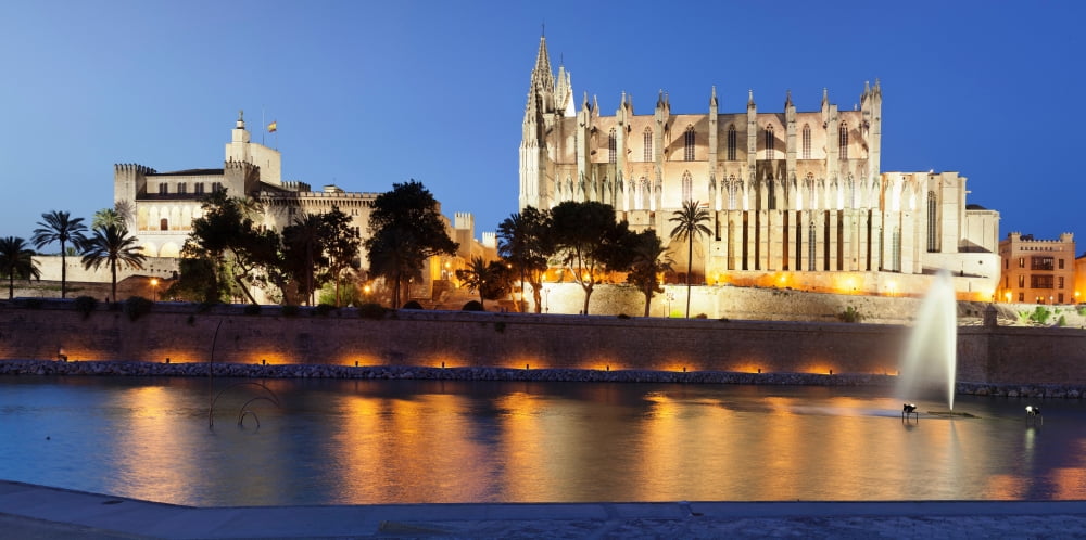 Palma Cathedral (La Seu) and Almudaina Palace at Parc de la Mar Palma Majorca Balearic Islands Spain Canvas Art - Panoramic Images (27 x 9)