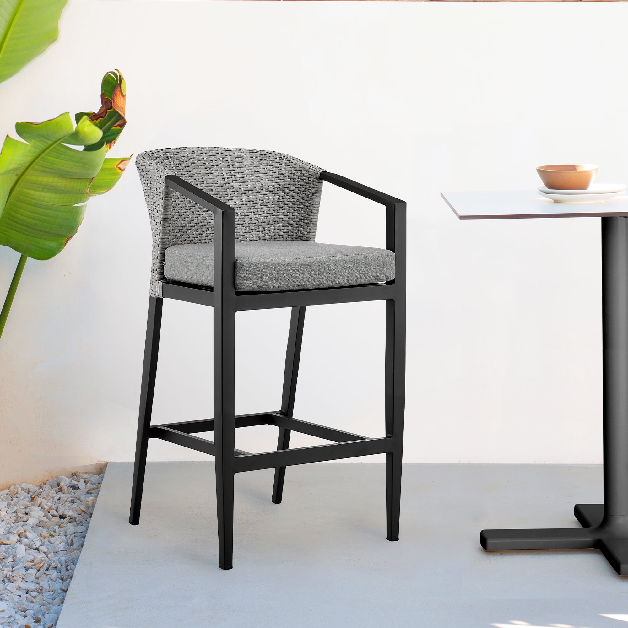 Palma Outdoor Patio Bar Stool in Aluminum and Wicker with Gray Cushions - Set of 2