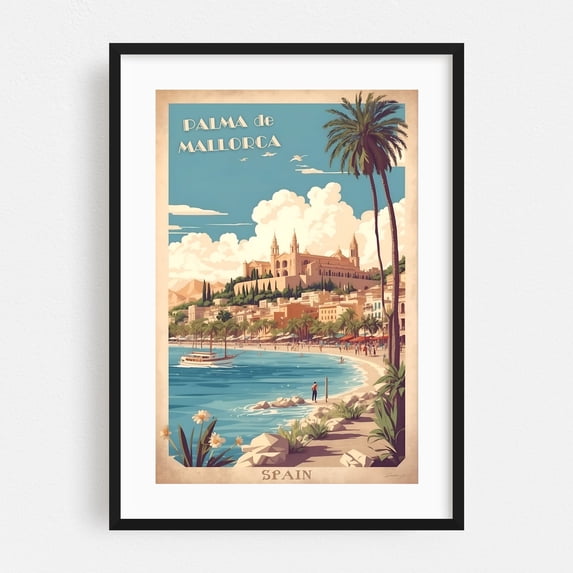 Palma de Mallorca Vintage Retro Travel Art - Balearic Islands Spain Illustration Black Framed Wall Art Print 24 x 36 inches