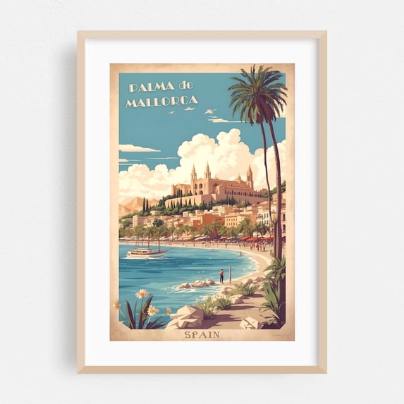 Palma de Mallorca Vintage Retro Travel Art - Balearic Islands Spain Illustration Oak Framed Wall Art Print 20 x 30 inches