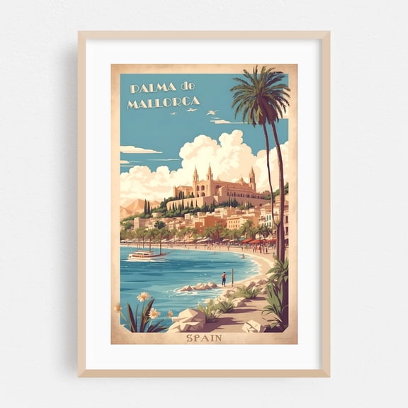 Palma de Mallorca Vintage Retro Travel Art - Balearic Islands Spain Illustration Travel Poster Vintage Poster Palm Tree Coastal Tropical Beach Architecture Oak Framed Wall Art Print 5 x 7 inches