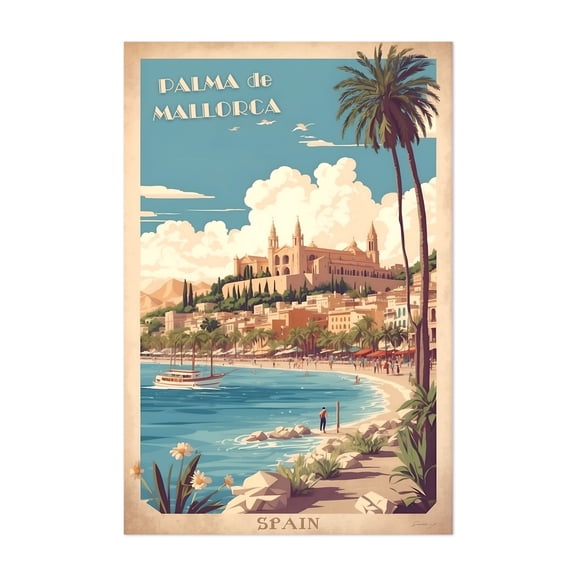 Palma de Mallorca Vintage Retro Travel Art - Balearic Islands Spain Illustration Travel Poster Vintage Poster Palm Tree Coastal Tropical Beach Architecture Unframed Wall Art Print 4 x 6 inches