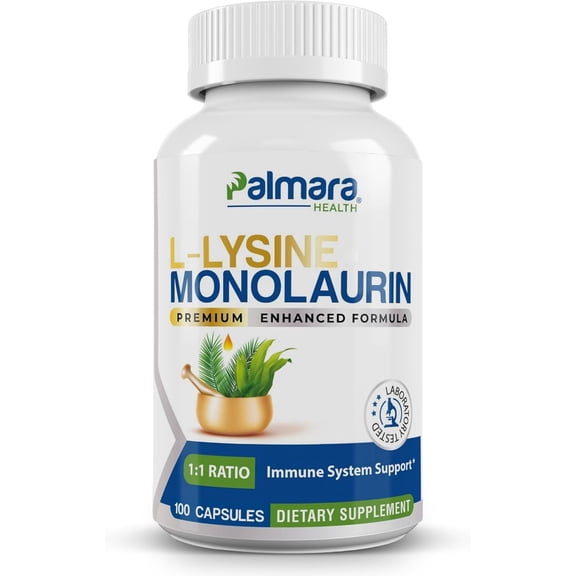 L-Lysine with Monolaurin 600mg - Dual Ingredient Formula - 100 Vegan Capsules - Palmara Health