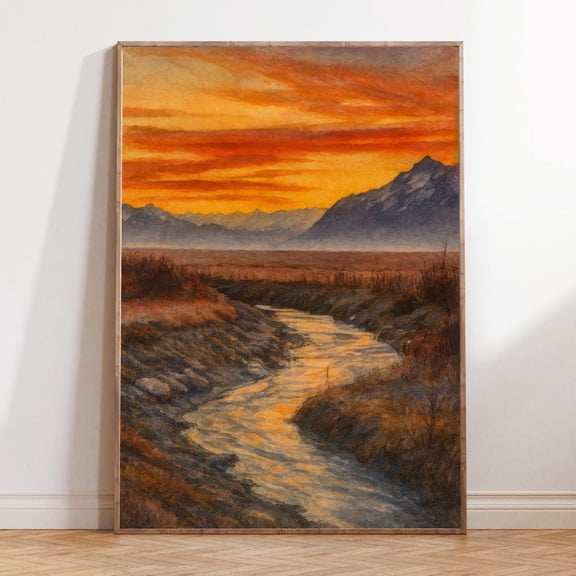 Palmer Alaska Sunset River Landscape Wall Art, Stretched Canvas Size 8x12