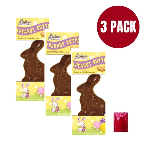 Palmer Creamy Peanut Butter Flavored Chocolaty Bunnies (3 Pack ) Rich & Creamy Easter Candy Treats with Bonus LaPrima Morceau Bonbon