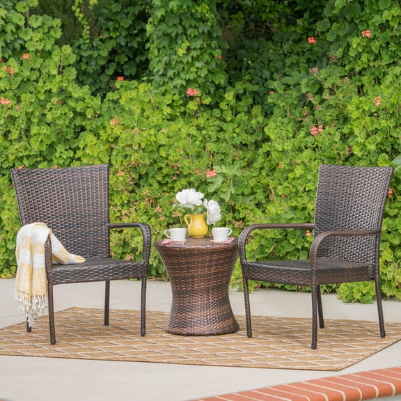 Palmer Outdoor 3 Piece Wicker Stacking Chair Chat Set, Multibrown