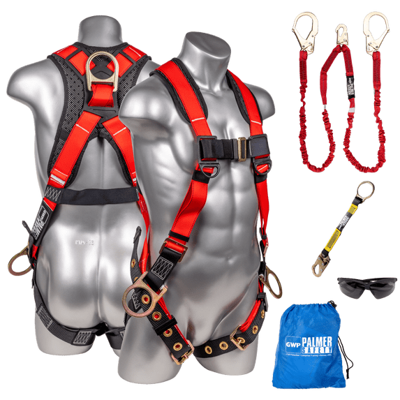 Palmer Safety Fall Protection Safety Harness Kit I 5pt Full Body, 6' Double Lanyard, 18" D-Ring Extender I Dorsal & Sides D-ring I OSHA ANSI Compliant Personal Equipment (Red - Universal)