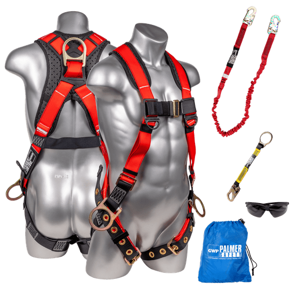Palmer Safety Fall Protection Safety Harness Kit I 5pt Full Body, 6' Single Lanyard, 18" D-Ring Extender I Dorsal & Sides D-ring I OSHA ANSI Compliant Personal Equipment (Red - Universal)