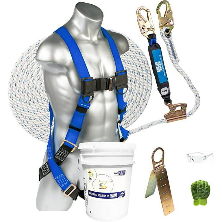 Palmer Safety Fall Protection Roofing Bucket Kit I Full-Body Harness, 50'  Vertical Rope & Anchor Set I Construction Fall Arrest Kit for Roofers 
