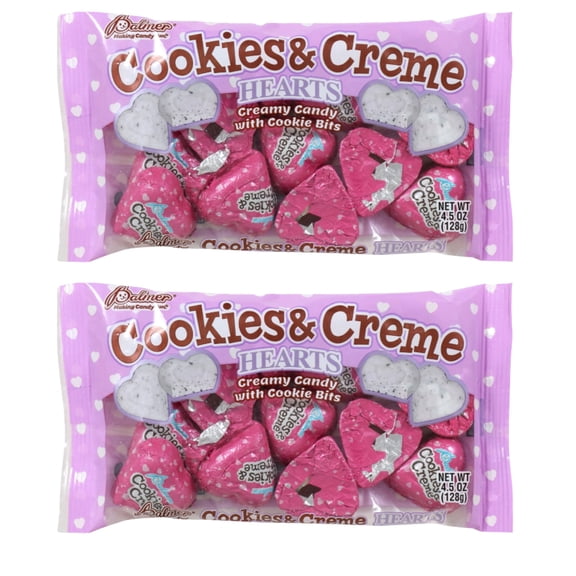 Palmer Valentine Cookies & Creme Chocolate Hearts Candy with Chocolatey Smooth Crunchy for Textures for Valentine's Day Easter Basket Stuffer Birthday Party Favor and Gifts 4.5 oz. Bags Pack of 2