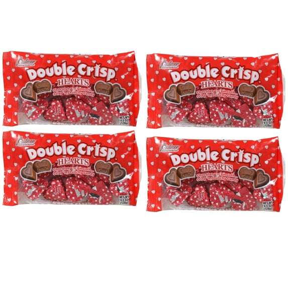 Palmer Valentine Double Crisp Chocolate Hearts Candy with Chocolatey Smooth Crunchy for Textures for Valentine's Day Easter Basket Stuffer Birthday Party Favor and Gifts 4.5 oz. Bags Pack of 4
