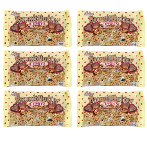 Palmer Valentine Peanut Butter Chocolate Hearts Candy with Chocolatey Smooth and Creamy Textures for Valentine's Day Easter Basket Stuffer Birthday Party Favor and Gifts 4.5 oz. Bags Pack of 6