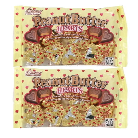 Palmer Valentine Peanut Butter Chocolate Hearts Candy with Chocolatey Smooth and Creamy Textures for Valentine's Day Easter Basket Stuffer Birthday Party Favor and Gifts 4.5 oz. Bags Pack of 2