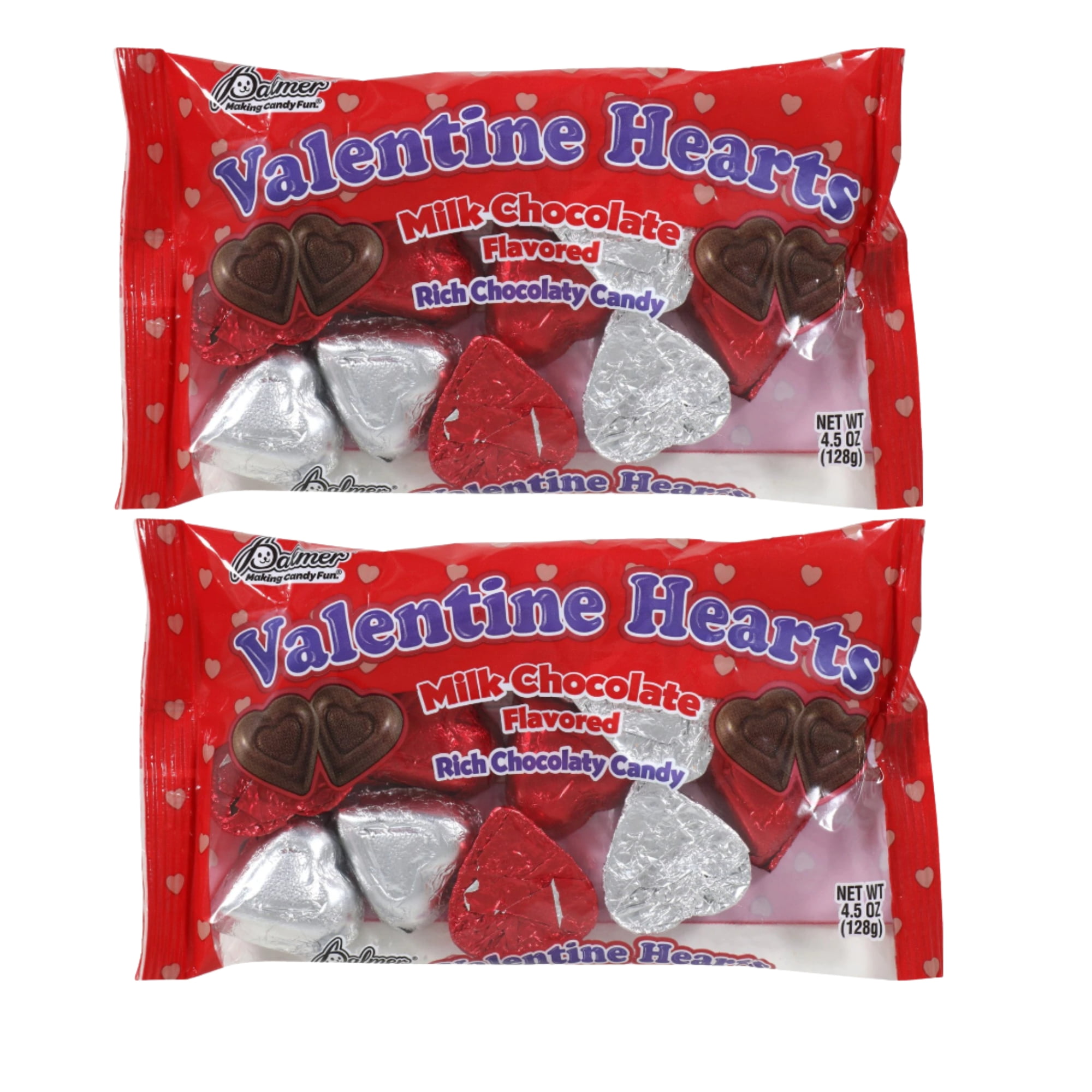 Palmer Valentine's Milk Chocolate Hearts Candy with Chocolatey Smooth Crunchy for Textures for Valentines Day Easter Basket Stuffer Birthday Party Favor and Gifts 4.5 oz. Bags Pack of 2
