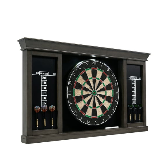Palmer Wood Dartboard LED Display Cabinet with 18-inch Bristle Dartboard and Steel Tip Dart Set by Barrington Billiards