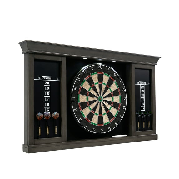 Palmer Wood Dartboard LED Display Cabinet with 18-inch Bristle Dartboard and Steel Tip Dart Set by Barrington Billiards