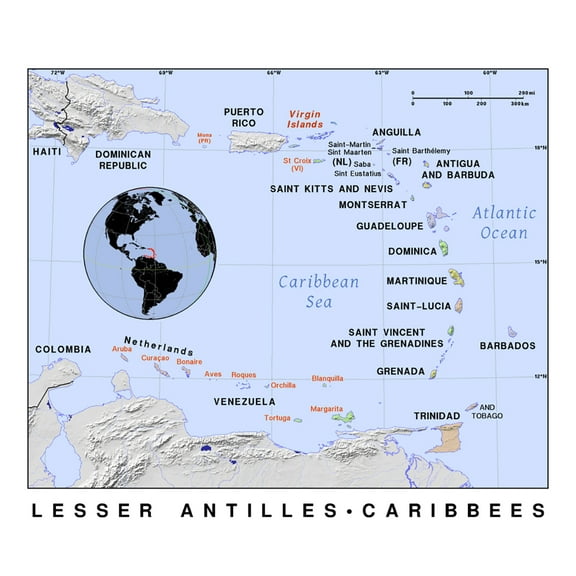 Palmetto Posters 14x12 Laminated Poster: Detailed political map of lesser antilles with relief