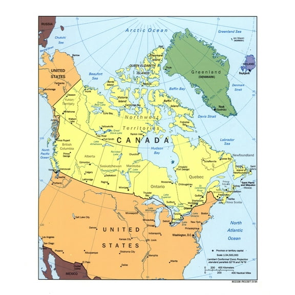 Palmetto Posters 20x24 Laminated Poster: Large detailed political and administrative map of canada with major cities