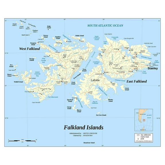Palmetto Posters 20x24 Laminated Poster: Large detailed political map of falkland islands with relief roads and cities